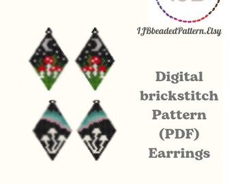 Op de afbeelding: Digitaal baksteenpatroon voor kralen oorbellen. Het patroon heeft twee ontwerpen, een met rode paddenstoelen en een halve maan, en de andere met witte paddenstoelen en een blauwe en roze gradiënt. Het patroon is beschikbaar als PDF-download.