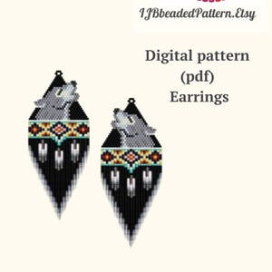 May include: A digital pattern for beaded earrings featuring a wolf design. The earrings are black with grey, white, turquoise, and orange accents. The pattern is available as a PDF download.