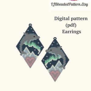 May include: A digital PDF pattern for diamond-shaped beaded earrings featuring a gray dolphin, a green aurora borealis, dark blue starry sky, mountain silhouettes, and a pink heart. Text includes Irina Jewelry Box made with love, IJBbeadedPattern.Etsy.