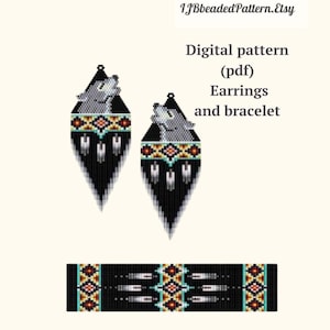 May include: A digital pattern for beaded earrings and a bracelet featuring a wolf design. The pattern includes black, white, grey, turquoise, orange, and yellow beads.