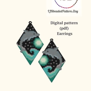 May include: A digital pattern for beaded earrings featuring a pair of dolphins swimming in a wave with a starry night sky background. The pattern is available as a PDF download.