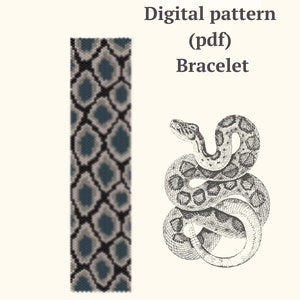 Könnte beinhalten: Ein digitales Muster für ein Perlenarmband mit Schlangenhautdesign. Das Muster ist im PDF-Format und zum Download verfügbar. Das Bild zeigt eine Nahaufnahme des Perlenarmbandmusters und eine Schwarzweißillustration einer Schlange.