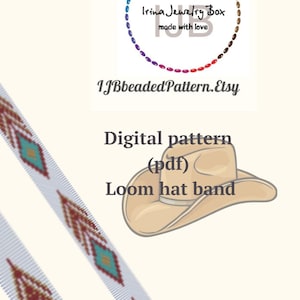 May include: A digital pattern for a loom hat band featuring a geometric design with turquoise, brown, and gold accents. The pattern is available as a PDF download. The text "Irina Jewelry Box made with love IJBbeadedPattern.Etsy Digital pattern (pdf) Loom hat band" is visible in the image.