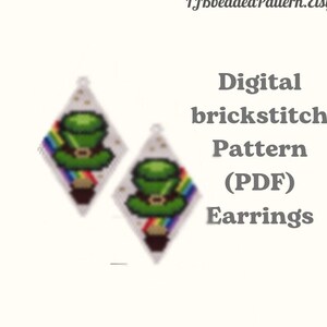 May include: Digital brickstitch pattern for earrings. The earrings are diamond-shaped with a green leprechaun hat design, a rainbow, and a brown pot. The text on the image says "Digital brickstitch Pattern (PDF) Earrings".