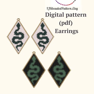 May include: Digital pattern (pdf) for beaded snake earrings. The pattern includes two designs, one with a white background and one with a black background. Both designs feature a green snake.