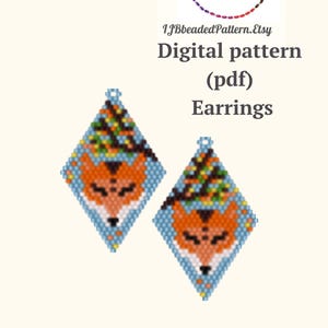Fox earrings beading pattern, PDF Brick Stitch pattern, Autumn forest and fox earrings Miyuki Seed Beads digital pattern