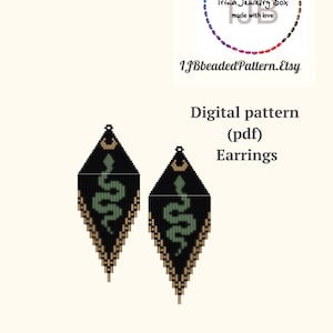 May include: A digital pattern for beaded earrings featuring a green snake design on a black background with gold accents. The pattern is available as a PDF download.  IJBeadedPattern.Etsy