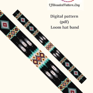 May include: A digital pattern for a loom hat band with a geometric design featuring black, white, turquoise, red, and yellow beads. The pattern is available as a PDF download.