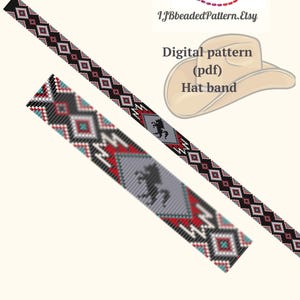 May include: A digital pattern for a beaded hat band featuring a geometric design with a black horse silhouette. The pattern is available as a PDF download.