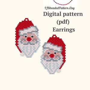 May include: Digital pattern for Santa Claus earrings. The earrings are red, white, and grey, with a Santa Claus face design. The image includes the text "Digital pattern (pdf) Earrings" and the shop name "Irina Jewelry Box".