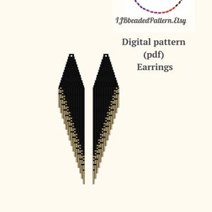 Puede incluir: Un patrón digital para pendientes de cuentas. Los pendientes son largos y estrechos, con un esquema de color negro y dorado. El patrón está disponible para descargar en PDF.