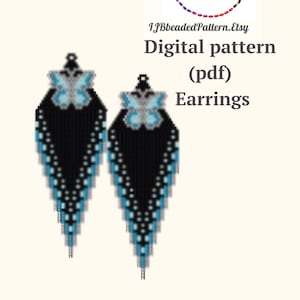 May include: A digital pattern for beaded earrings featuring a black and blue teardrop design with a butterfly accent. The pattern is available as a PDF download.  Irina Jewelry Box made with love. 1JBeadedPattern.Etsy
