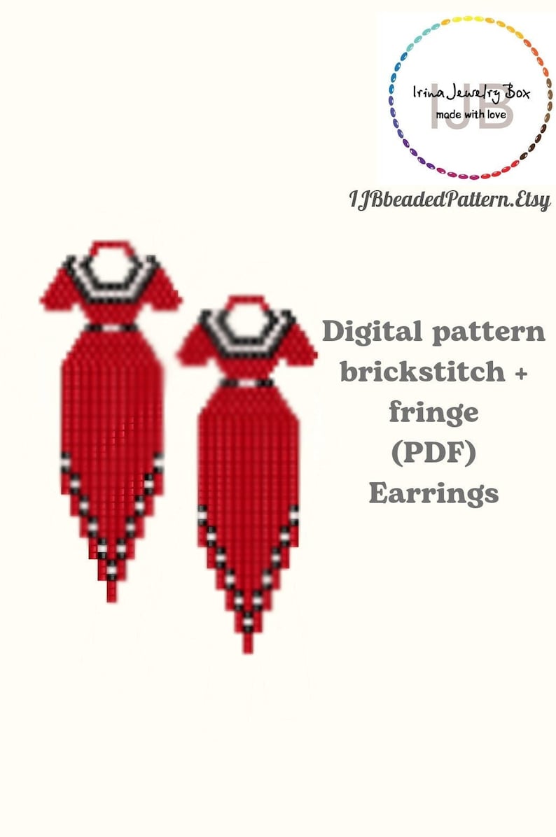 PDF Pattern Red Dress Beaded Earrings, Brick Stitch and Fringe, Dress