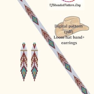 Könnte beinhalten: Digitales Muster (pdf) für ein Loom-Hutband und Ohrringe. Das Muster hat einen weißen Hintergrund mit roten, goldenen und türkisfarbenen geometrischen Designs.
