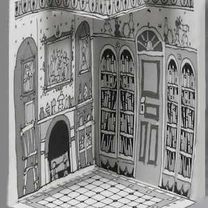 Pop-up papieren poppenhuis Victoriaanse bibliotheek.