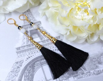 Black tassel earrings Long dangle earrings Black fringe drop earrings gemstone beaded festival earrings