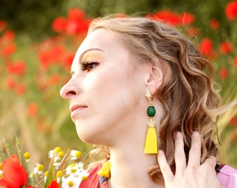 Green emerald earrings with yellow tassels, long dangle natural gemstone women earrings