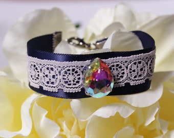 Navy blue crystal bracelet, fabric cuff bracelet, satin ribbon, lace bracelet, teardrop crystal