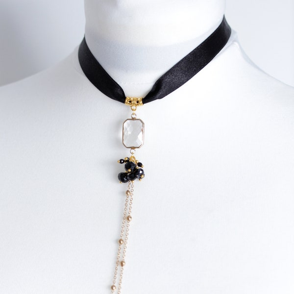 Black satin plunge choker with crystal and gold chain and dangle bead cluster