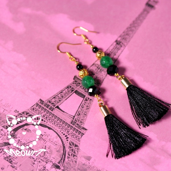 Black green tassel earrings dangle earrings long drop charm earrings mix emerald bead earrings 2018 fashion trend boho statement earrings