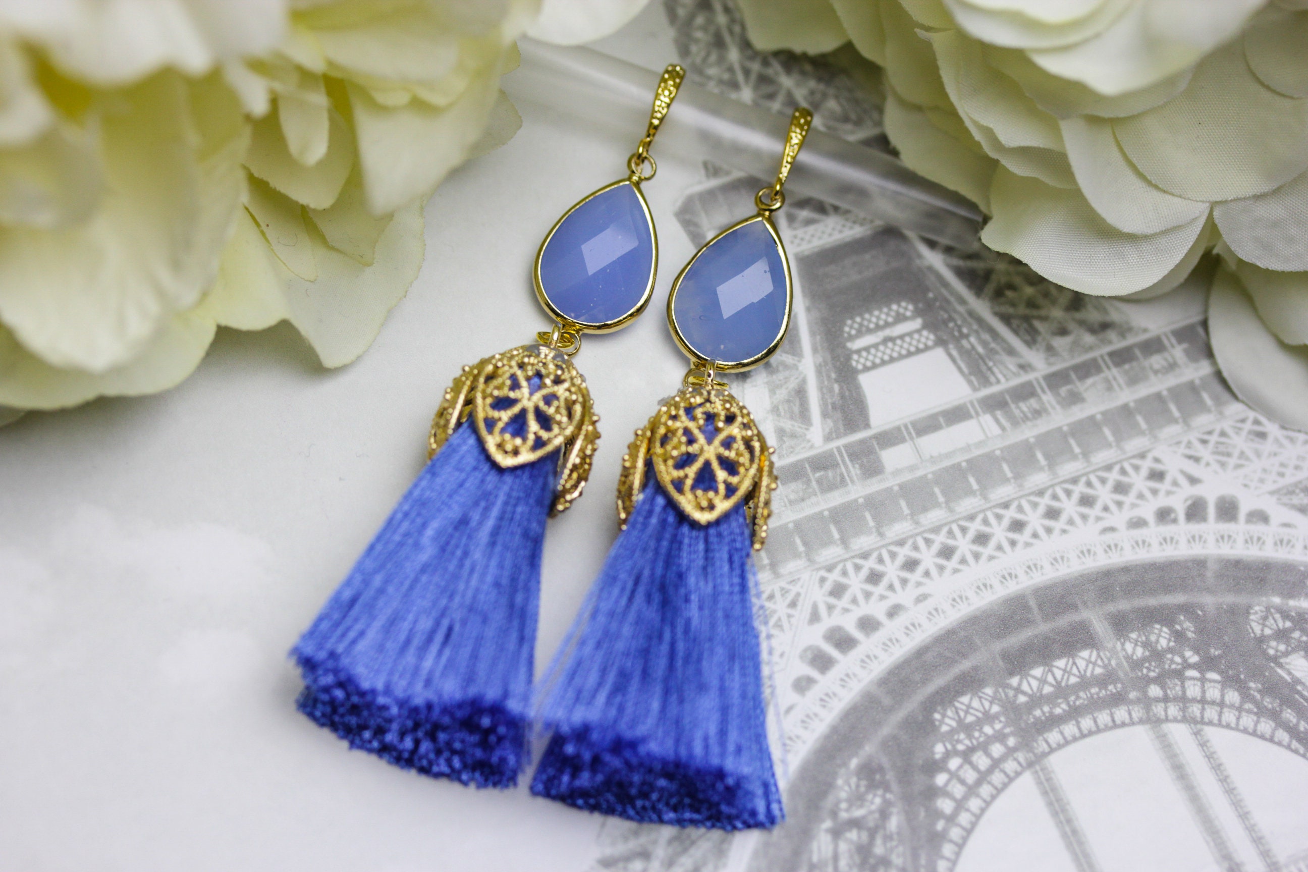 Blue Teardrop Crystal Tassel Earrings Bridesmaid Long Dangles - Etsy UK