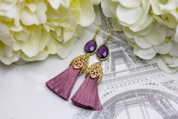 Tassel Earrings With Purple Crystal Gold Plated Etsy