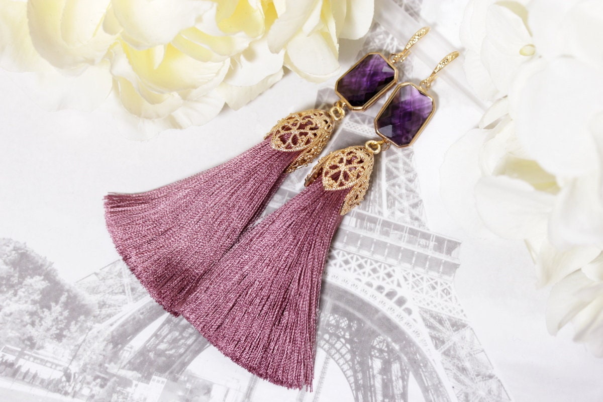 Purple and gold tassel earrings sale