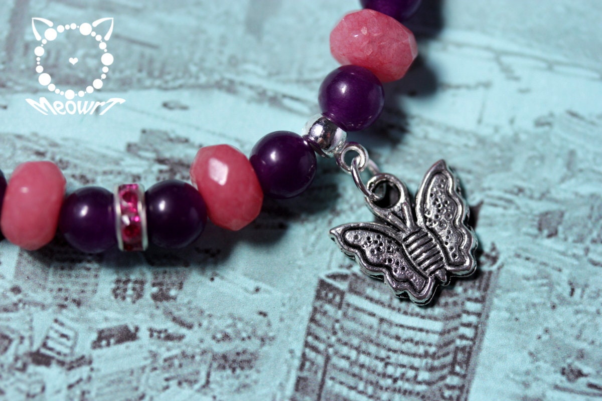 2 Amethyst-Armbänder Mit Schmetterling – Lila Edelsteine & Elastisch