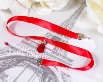 Red Swarovski Crystal choker necklace, satin ribbon choker, Christmas choker