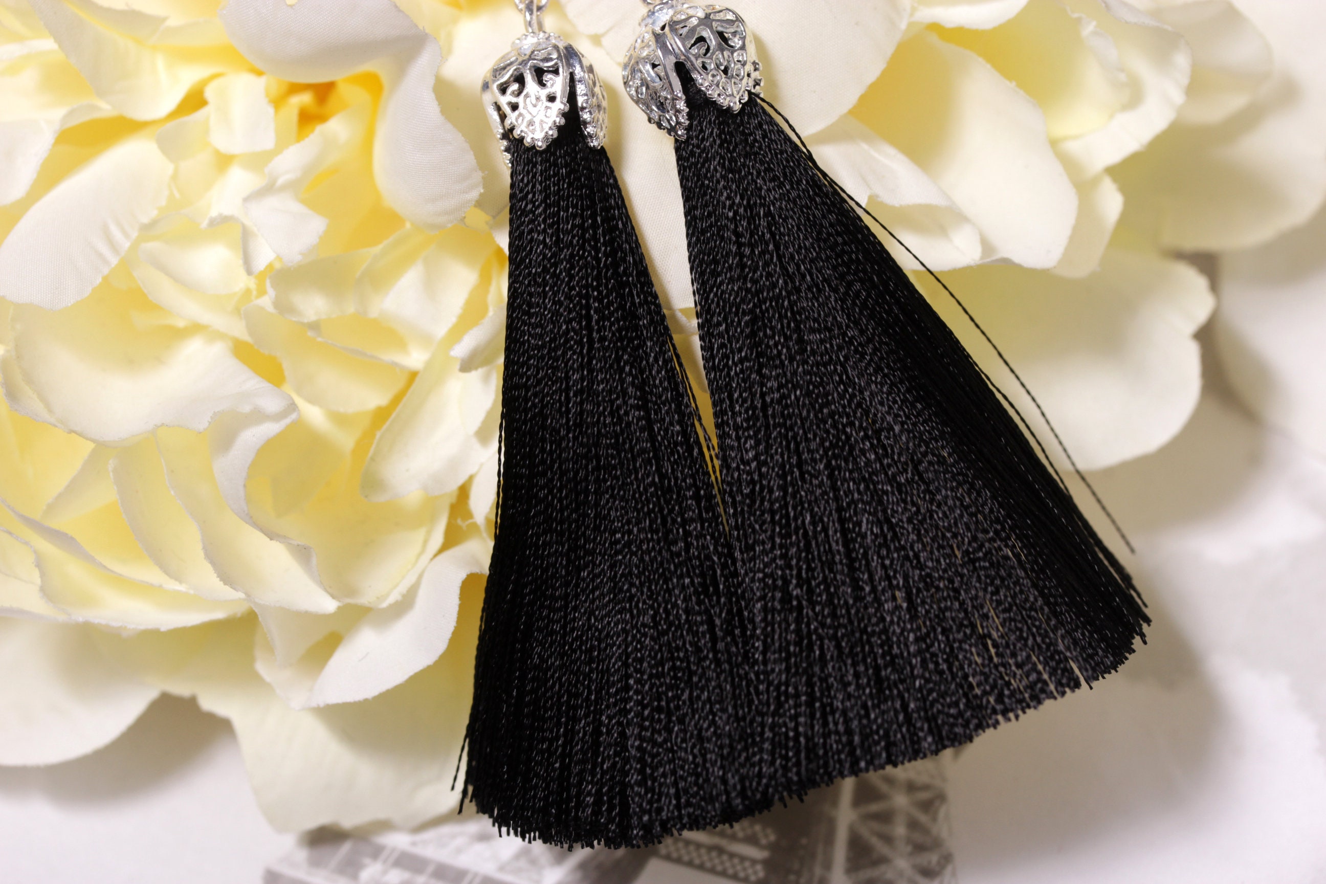 S925 Silber Ohrringe Damen - Lange Quaste Ohrringe In Schwarz Mit Goldakzent