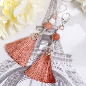 Coral tassel earrings, aventurine gemstone beaded long earrings, coral and silver