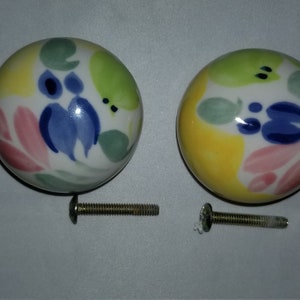 Pair of Antique Porcelain Knob Type Drawer Pulls, Flowery, Multi Colored Pattern