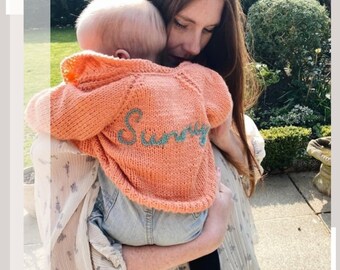 6-12 Months | Mixed Colours | Personalised Hand Knitted Baby Cardigans/Jumpers. Handmade & hand embroidered for a special gift or keepsake.