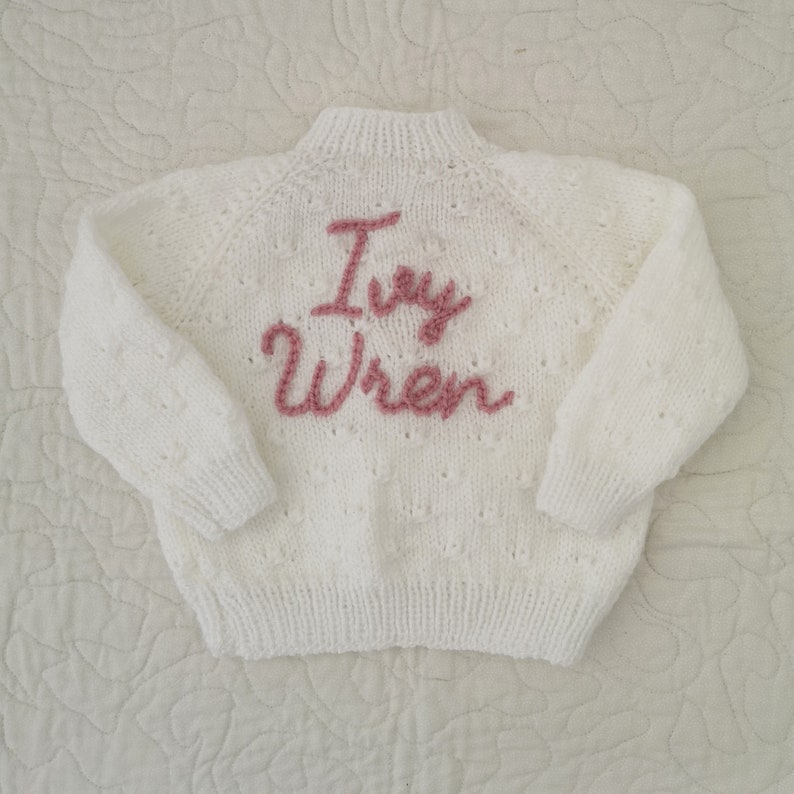 Additional Words/Lines Personalised Hand Knitted Baby Cardigans/Jumpers. Handmade & hand embroidered for a special gift or keepsake. image 7