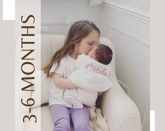 White | 3-6 months Hand Knitted Personalised Names Baby Cardigans. Colour as pictured.