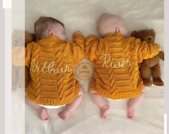 3-6 Months | Mixed Colours | Personalised Hand Knitted Baby Cardigans/Jumpers. Handmade and hand embroidered for a special gift or keepsake.