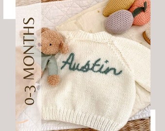 Mixed colours | 0-3 Months | personalised Hand Knitted Baby Cardigan. Name on knit. Colour as pictured.