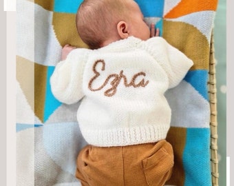 0-3 Months | Neutral | Personalised Hand Knitted Baby Cardigans/Jumpers. Handmade and hand embroidered for a special gift or keepsake.