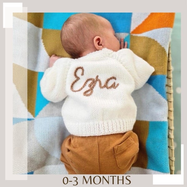 0-3 Months | Neutral | Personalised Hand Knitted Baby Cardigans/Jumpers. Handmade and hand embroidered for a special gift or keepsake.