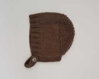 6-12M | Hand Knitted Personalised Baby Bonnet in Brown.