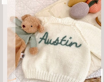 0-3 Months | Mixed Colours | Personalised Hand Knitted Baby Cardigans/Jumpers. Handmade and hand embroidered for a special gift or keepsake.