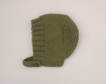 6-12M | Hand Knitted Personalised Baby Bonnet in Khaki.