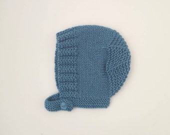 0-3M | Hand Knitted Personalised Baby Bonnet in Blue.