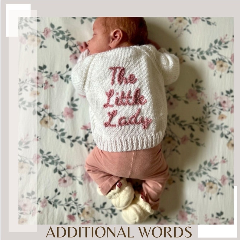 Additional Words/Lines Personalised Hand Knitted Baby Cardigans/Jumpers. Handmade & hand embroidered for a special gift or keepsake. image 1