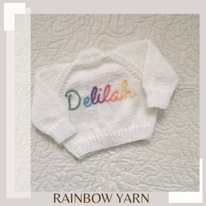 Rainbow Yarn Personalised Hand Knitted Baby Cardigans/Jumpers. Handmade & hand embroidered for a special gift or keepsake. image 1
