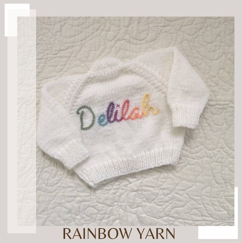 Rainbow Yarn Personalised Hand Knitted Baby Cardigans/Jumpers. Handmade & hand embroidered for a special gift or keepsake. image 1