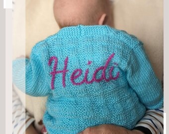 6-12 Months | Mixed Colours | Personalised Hand Knitted Baby Cardigans/Jumpers. Handmade & hand embroidered for a special gift or keepsake.