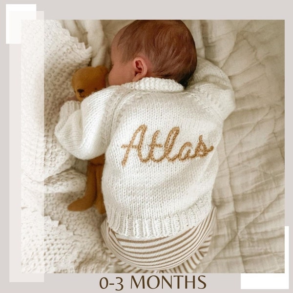 0-3 Months | Neutral | Personalised Hand Knitted Baby Cardigans/Jumpers. Handmade and hand embroidered for a special gift or keepsake.