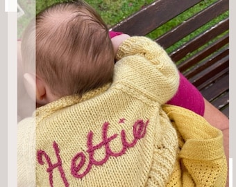 6-12 Months | Mixed Colours | Personalised Hand Knitted Baby Cardigans/Jumpers. Handmade & hand embroidered for a special gift or keepsake.