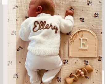 Personalised Baby Cardigan. Hand Knitted. Newborn Size. Hand embroidered baby knits. Gift/keepsake. Going home outfit.